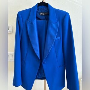 Zara Women’s Vibrant Blue Tuxedo Suit Jacket Sz L Pants Sz XL Worn Once